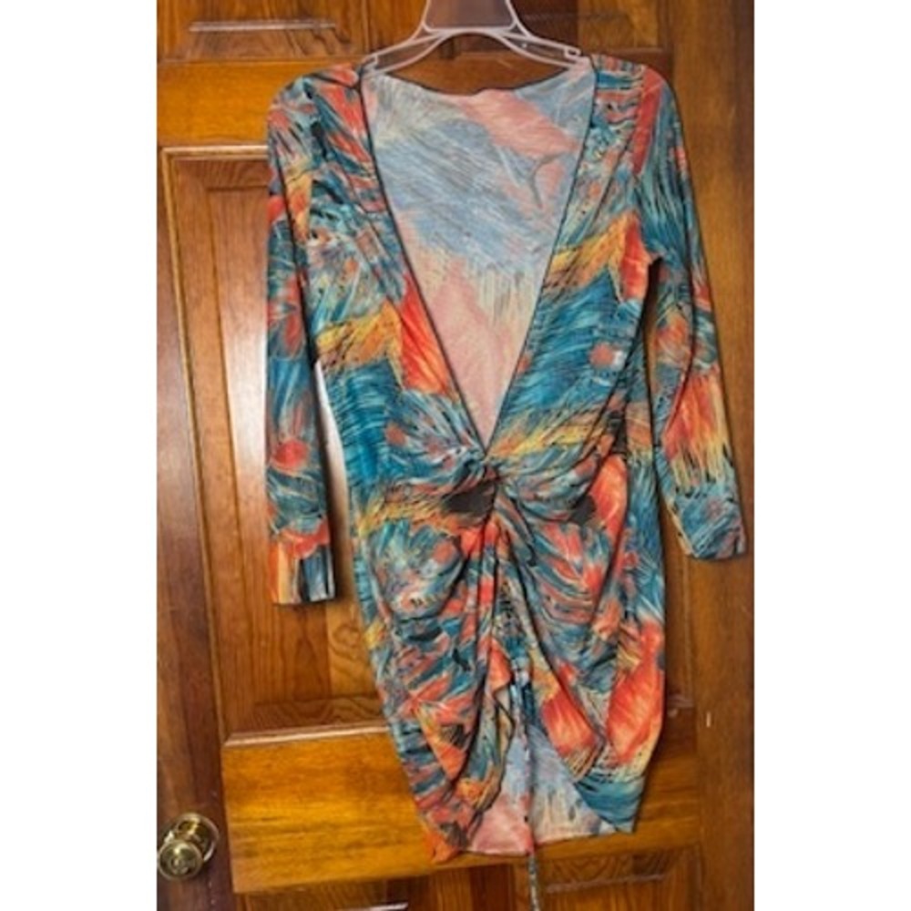 Unbranded Tropical Mesh Bodycon Dress Large Multi Ruched V-Neck Coverup Tropical